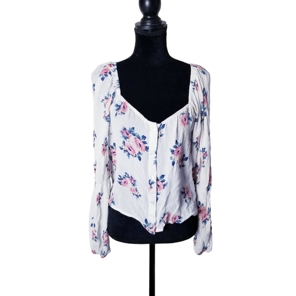 Passport Womens White Floral Square Neck Long Sleeve Top Size‎ Large - Picture 1 of 8